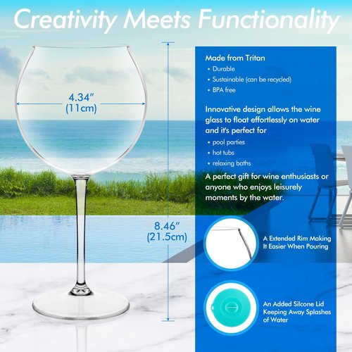 Floating Wine Glasses for Pool with Cup Lids | Set of 2 | Shatterproof Poolside Wine Glasses | Floating Cup | Pool Tub Summer Party Camping | BPA-free | Outdoor Tritan Glasses (18 oz)