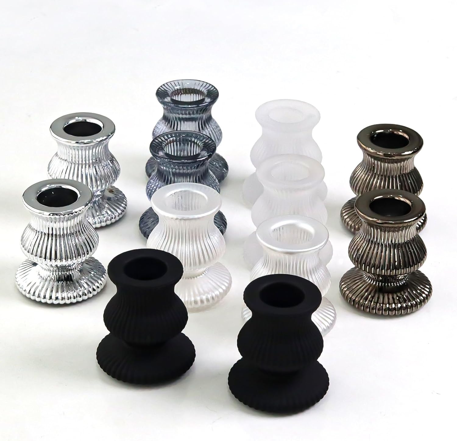 WDHODEC Black & White Candlestick Holders - 12PCS Glass Taper Holders for Elegant Table Centerpieces