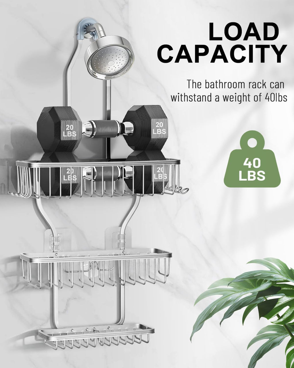 Regine Switzerland Shower Caddy - Rustproof Aluminum Overhead Organizer with 6 Hooks for Razors & Sponges | Silver