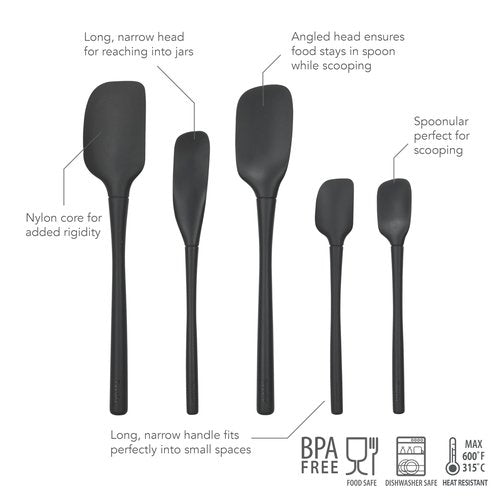 Tovolo Flex Core 5 Piece Silicone Spatula Set Heat Resistant All Silicone Utensils Include Non Stick Spatula Spoonula Jar Scraper, Dishwasher Safe BPA Free Spatulas for Baking Mixing, Black