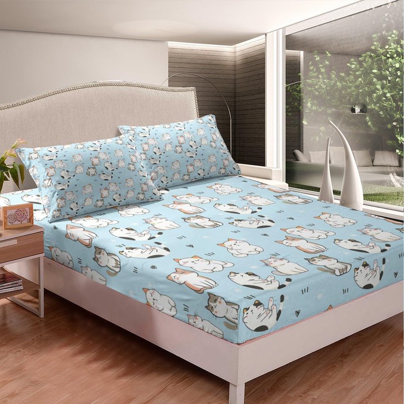 Erosebridal Cat Sheet Sets King, Kawaii Garfield Persian Cat Flat Sheet for Kids Boys Girls, Paw Print Love Heart Bed Sheets, Cartoon Animals Soft Fitted Sheet 4 Pieces, Blue