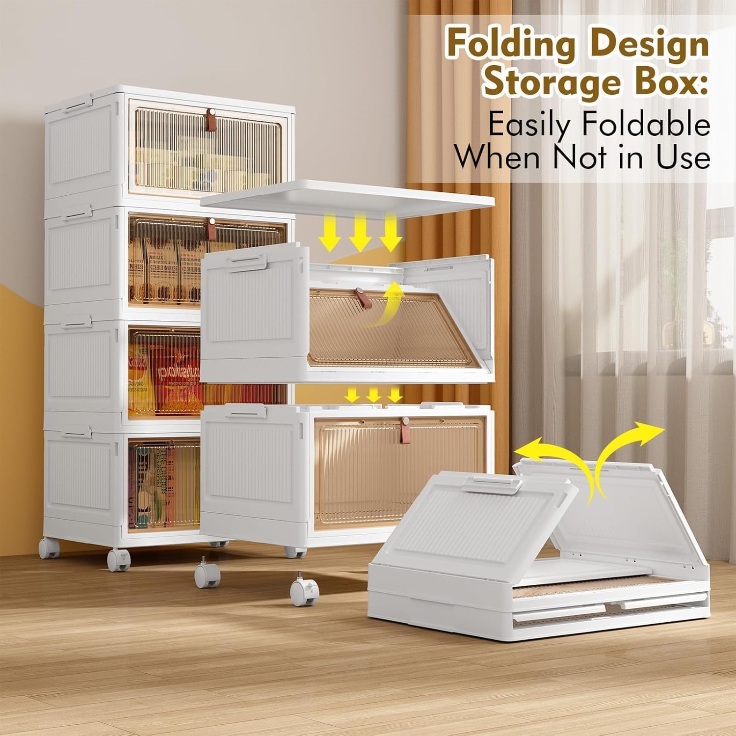 YFXCVSL 4-Tier Plastic Storage Bins with Lid - Stackable 28QT Containers with Wheels & Collapsible Design