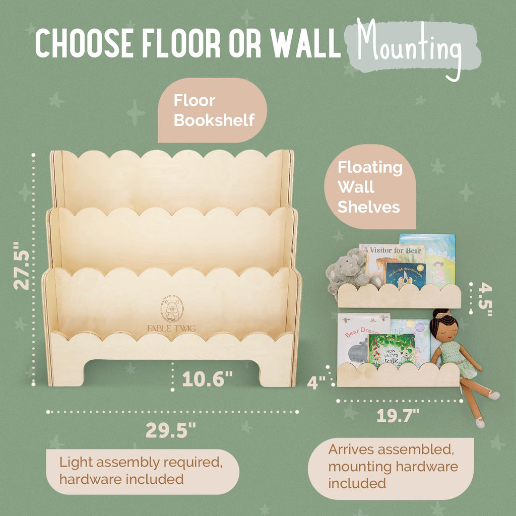 Fable Twig Floating Nursery Book Shelves with Scalloped Edges - Wooden Montessori Hanging Bookshelves for Kids Rooms - Toddler Wall Mounted Bookshelf Rack for Bedroom, Playroom, Classroom - Set of 2