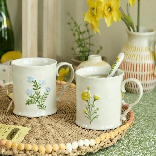 DELIGHTS GALORE 2 Pack Floral Ceramic Coffee Mugs - Yellow and Blue Flowers, Hand-Painted, Microwave & Dishwasher Safe, Ideal for Cappuccino, Tea, Hot Chocolate