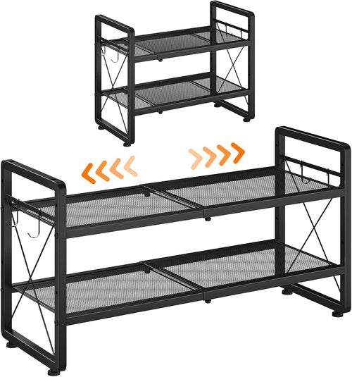 ELYKEN Shoe Rack - 2-Tier Expandable Organizer with 4 Hooks | Metal Black Shelf for Entryway & Closet