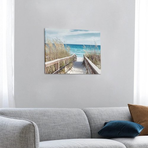 Beach Seascape Canvas Wall Art - Coastal Picture Artwork with Wooden Fence and Weeds Pathway to Ocean for Bedroom Wall Decor（24 x 18)