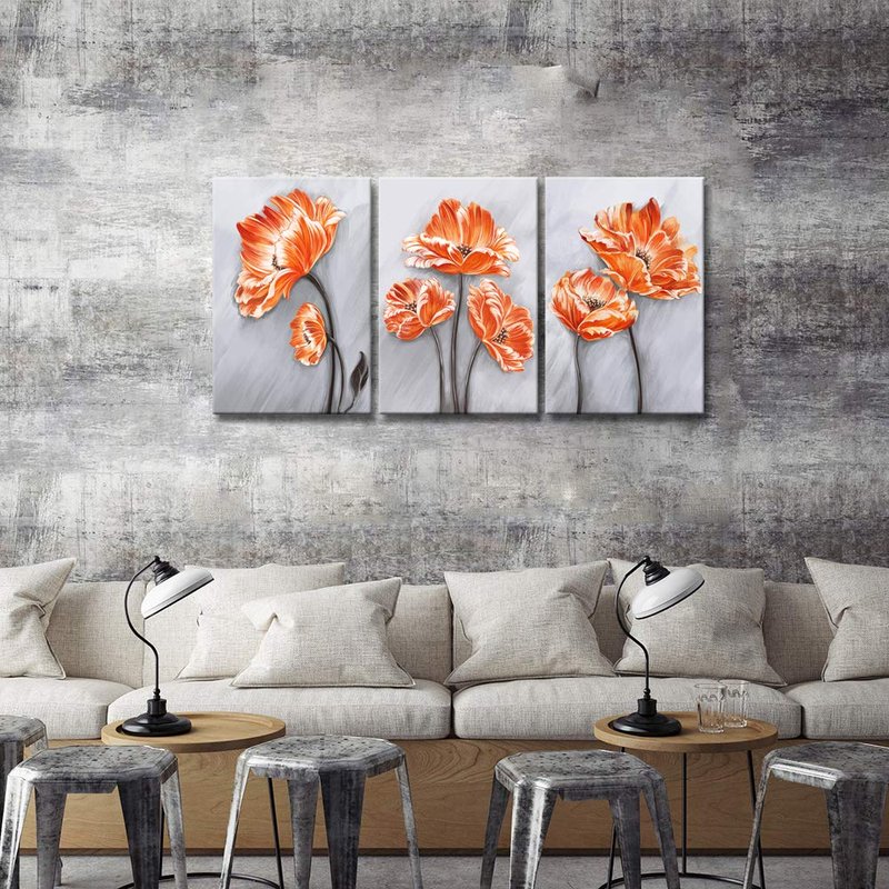 Derkymo 3 Pieces Orange Poppies Picture Elegant Flower Canvas Painting Beautiful Floral in Grey Artwork for Living Room Bedroom Framed Ready to Hang 16"x24"x3pcs