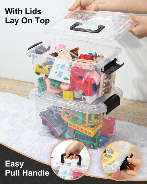 EOENVIVS Plastic Storage Bins - 7 Quart Stackable Organizer Bins with Black Buckle Lids | 6 Pack Clear for Home & Office
