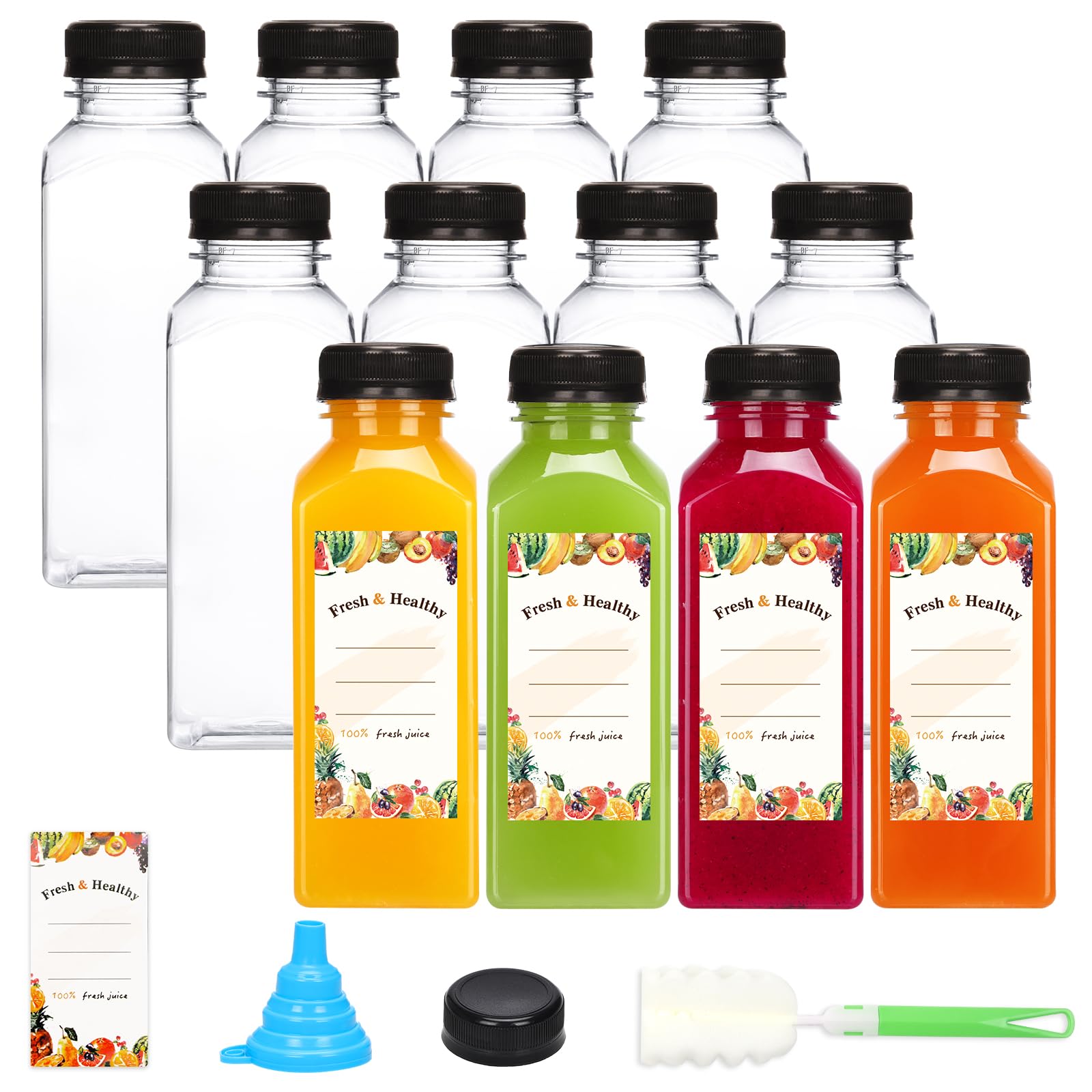 Moretoes 12pcs 12oz Plastic Juice Bottles with Caps, Clear Reusable Juicing Bottles, Empty Drink Containers with Lids for Juicing Smoothies and Other Beverages