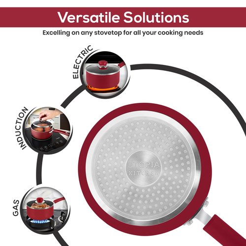 Utopia Kitchen Nonstick Stock Pot Saucepan Set with Lids, 1 Quart and 2 Quarts Multipurpose Stock Pots Set for Home, Kitchen or Restaurant, Red & Black