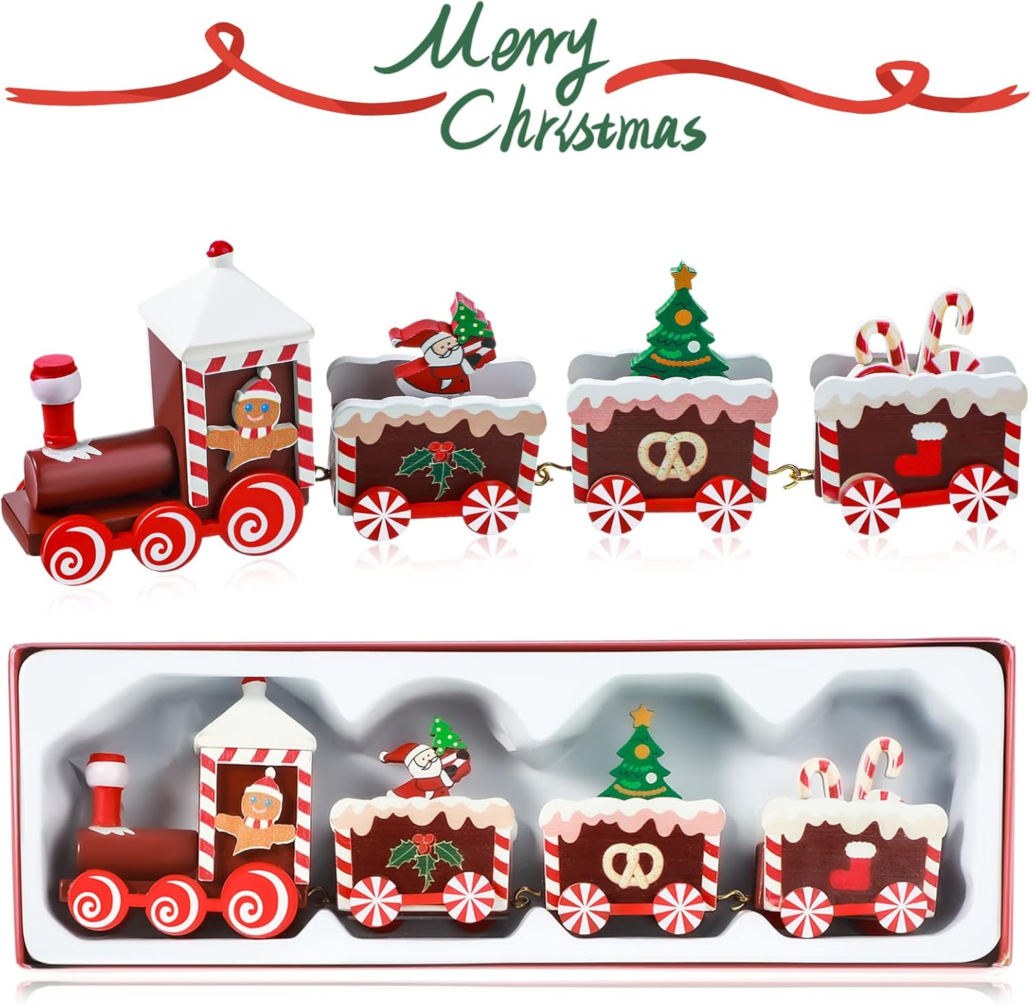 Yulejo Christmas Train | Painted Wooden Decoration for Mini Tree | Santa Claus Red Ornament