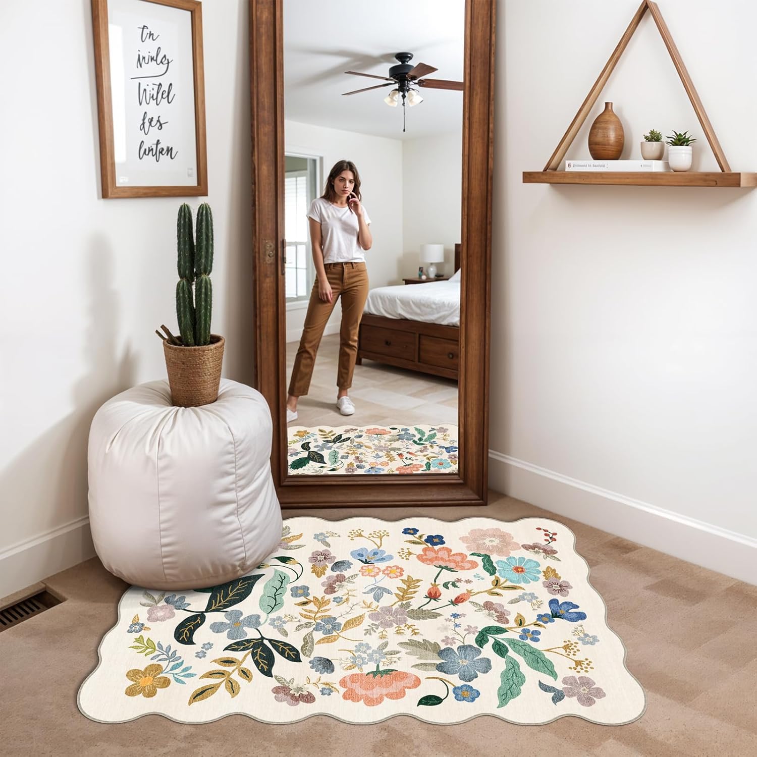 Skiennix Washable 2x3 Entryway Rug - Floral Non-Slip Water-Resistant Carpet for Indoor Use | Soft Cream Mat