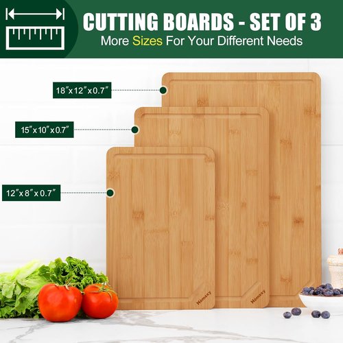 Homaxy Organic Bamboo Cutting Boards Set - 3-Piece Kitchen Board Set with Juice Groove & Handles | Ideal for Meat, Fruits & Vegetables