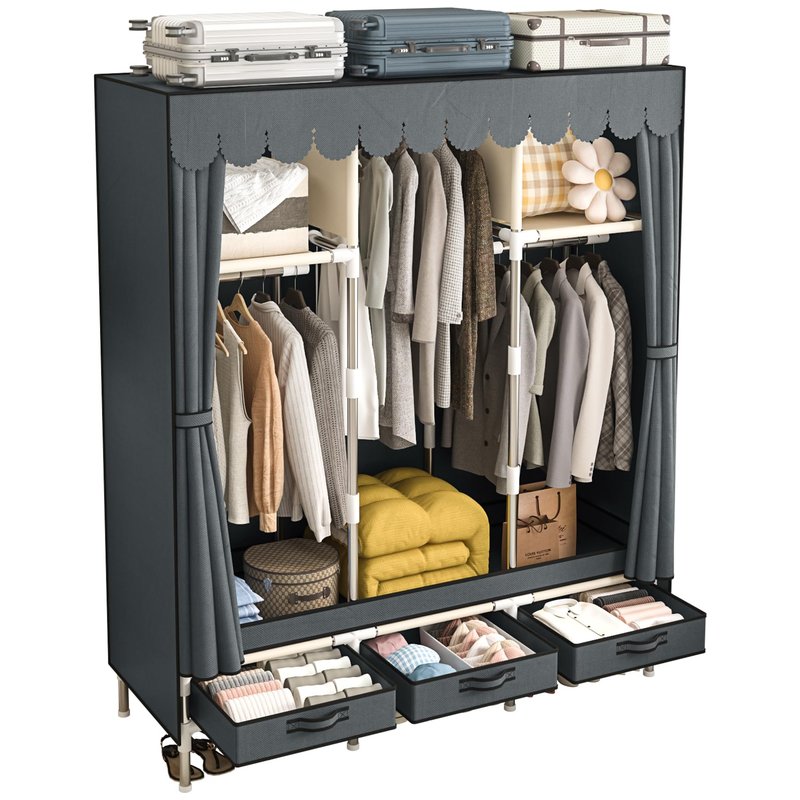 LEAIJIAFY Portable Armoire Wardrobe Closet with 3 Drawers and 3 Hanging Rods,Cloth Closet Wardrobe Cabinet for Hanging Clothes,Grey Cover,for Clothing,Bedding,51 in Width