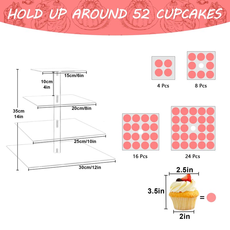 Cupcake Stand, 4 Tier Cupcake Stands for 52 Cupcakes, Square Acrylic Dessert Table Display, Clear Cupcake Tower Holder Display for Birthday, Wedding, Baby Shower, Party