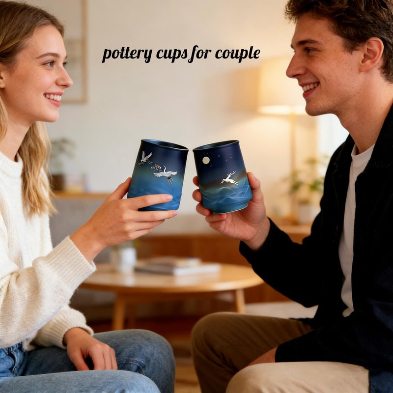 CmengAo Pottery Couple Coffee Cups Set of 2 - Gradient Blue Matte Glaze with Crane & Deer Design, Handcrafted Tea Coffee Mugs for Home Decor, Wedding Gift, 10 oz