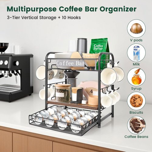 seaflash Coffee Bar Organizer, Station Mug Holder for Countertop, Multi-Functional 3 Tier Coffee Cup Tree Rack for Kitchen, Storage Shelf with 10 Hooks, Vertuo Pods Drawer for Home Office