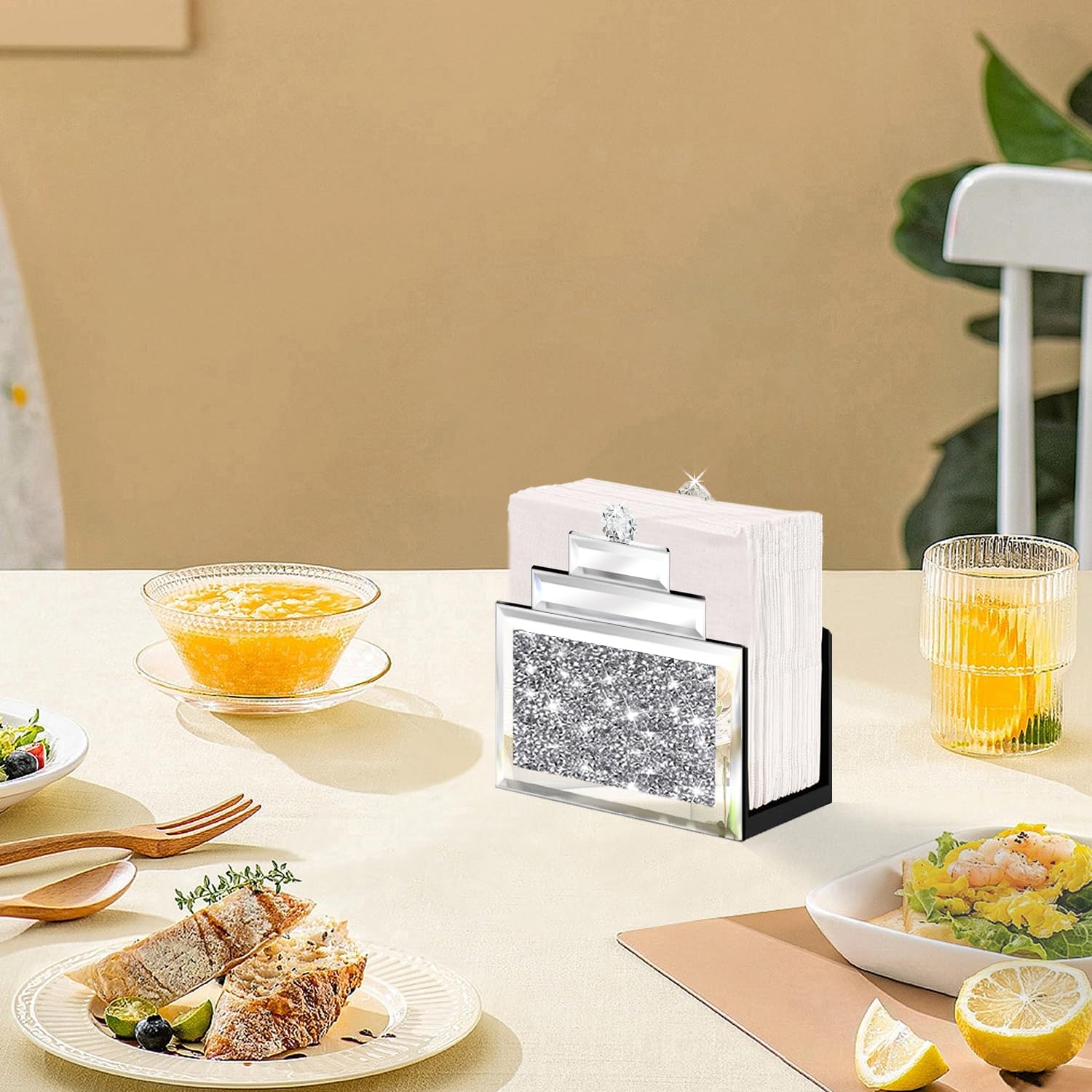 Wocred Mirror Napkin Holder,Crystal Crushed Diamond Vertical Holder,Cute Tissue Holder Holds Napkins Upright for Bathroom，Dining Table，Kitchen Table.(6.8”X5.9”X3”)