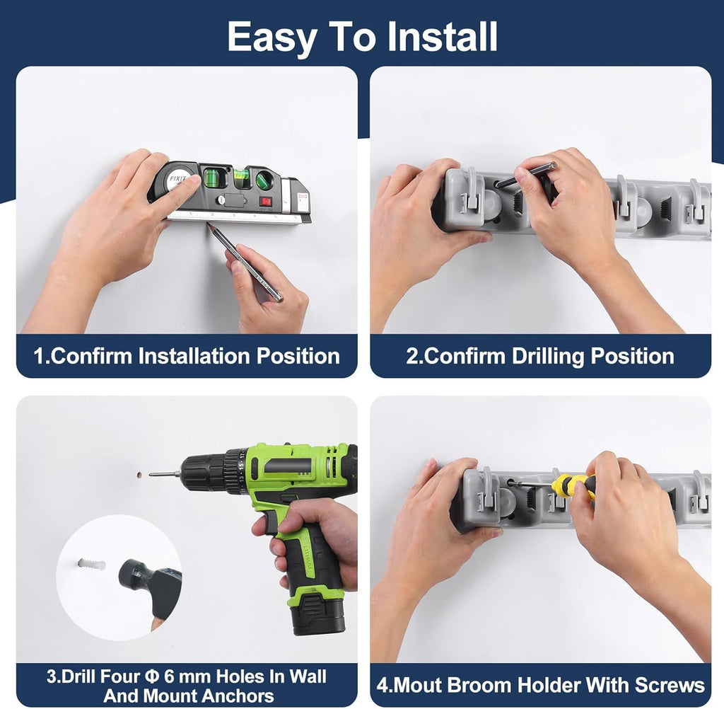 Skiennix Wall Mount Mop And Broom Holder - Space-Saving Organizer For Closet & Garage Storage