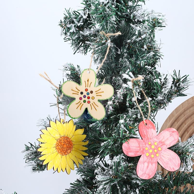 Flower Variation Wooden Ornaments Set - 60 Unfinished Natural Wood Discs with Jute Rope for Christmas & DIY Crafts