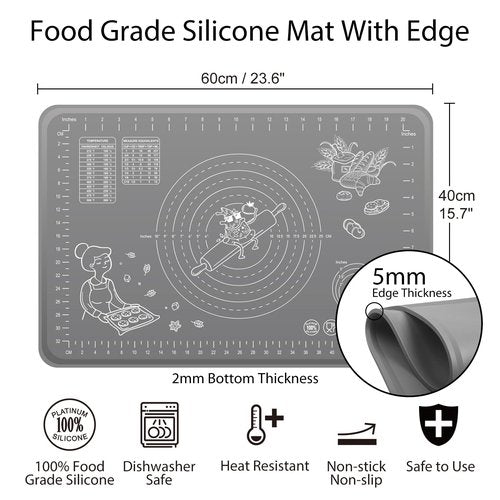 Silicone Baking Mat 24" x 16" Extra Thick Non-stick Pastry Mat with Measurements and Edge Heightening, Food Grade Silicone for Countertop Dough Rolling Making Bread, Cookies, Pizza, Fondant, Pasta