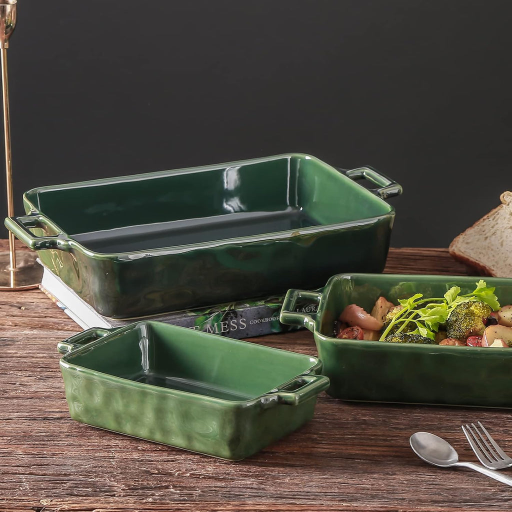 VICRAYS Ceramic Bakeware Set - Porcelain Rectangular Baking Dish for Lasagna & Casseroles | 3 PCS, 15 x 8.5 Inches, Green