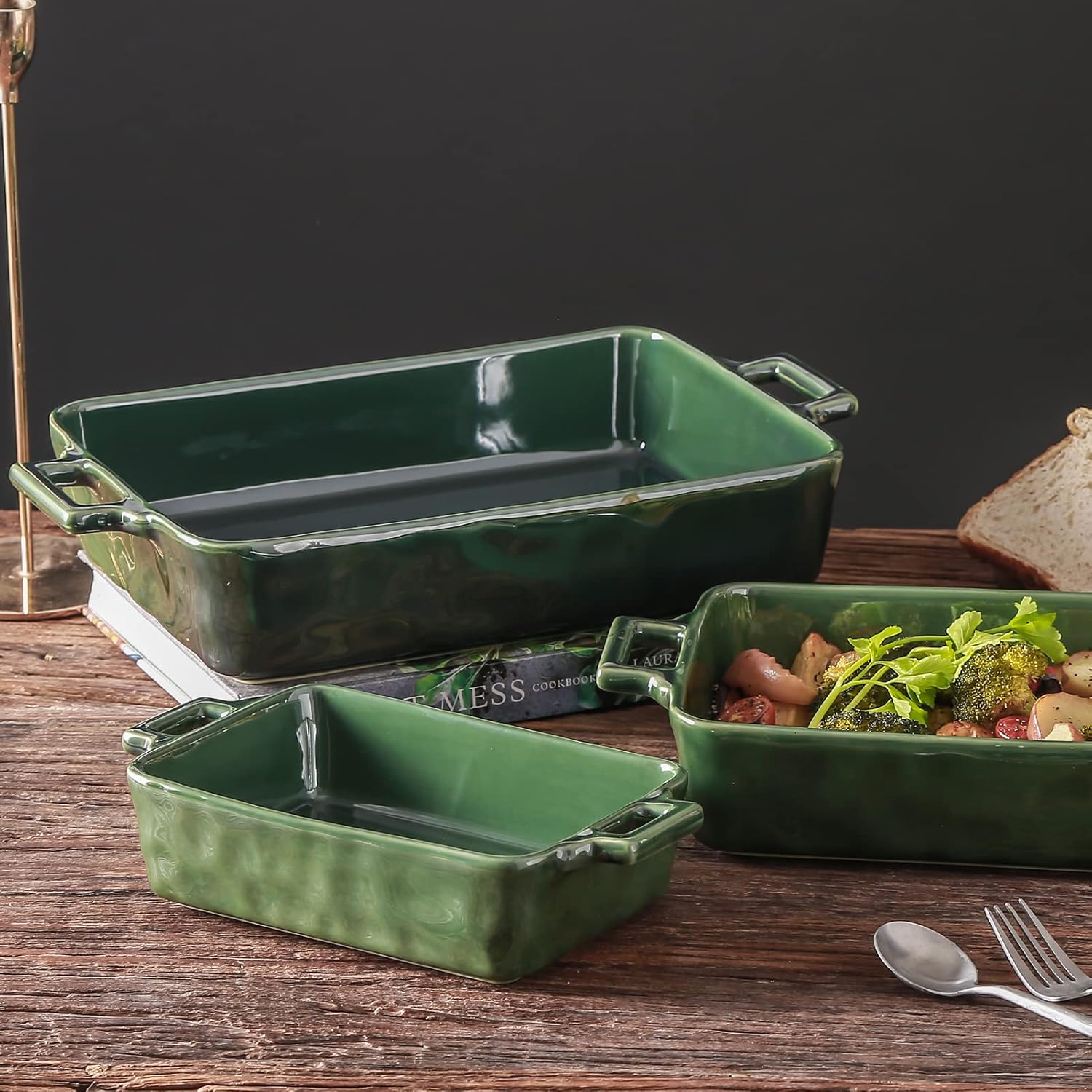 VICRAYS Ceramic Bakeware Set - Porcelain Rectangular Baking Dish for Lasagna & Casseroles | 3 PCS, 15 x 8.5 Inches, Green