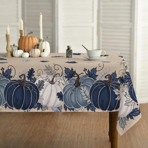 Horaldaily Fall Tablecloth 60×120 Inch Rectangular, Autumn Harvest Blue Pumpkin Floral Washable Seasonal Table Cover for Party Picnic Dinner Decor