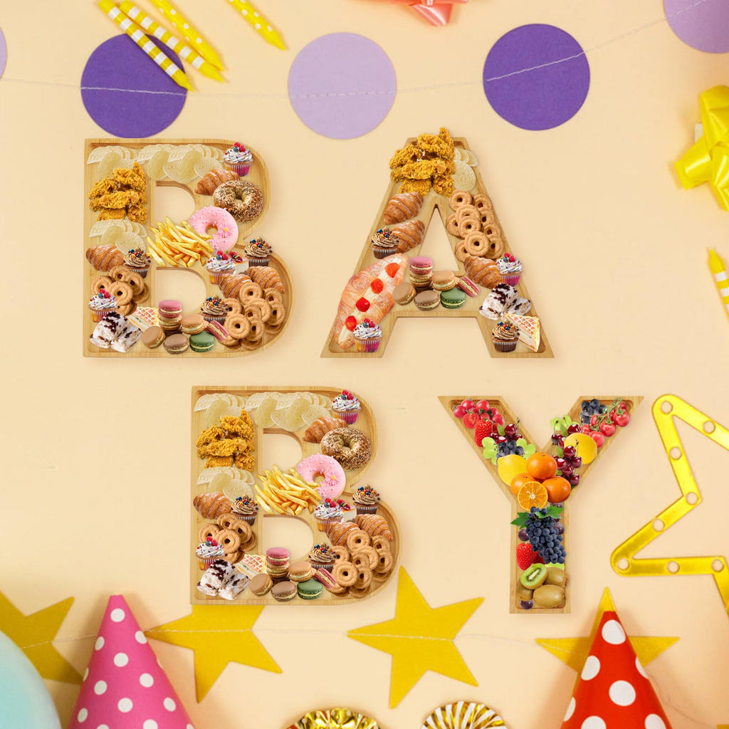 4pcs Baby Wooden Letter Charcuterie Board Box, Fillable Food Trays Candy Cupcake Container Fruit Platter for Birthday Baby Shower Party Graduation Gift Anniversary Banquet New Year