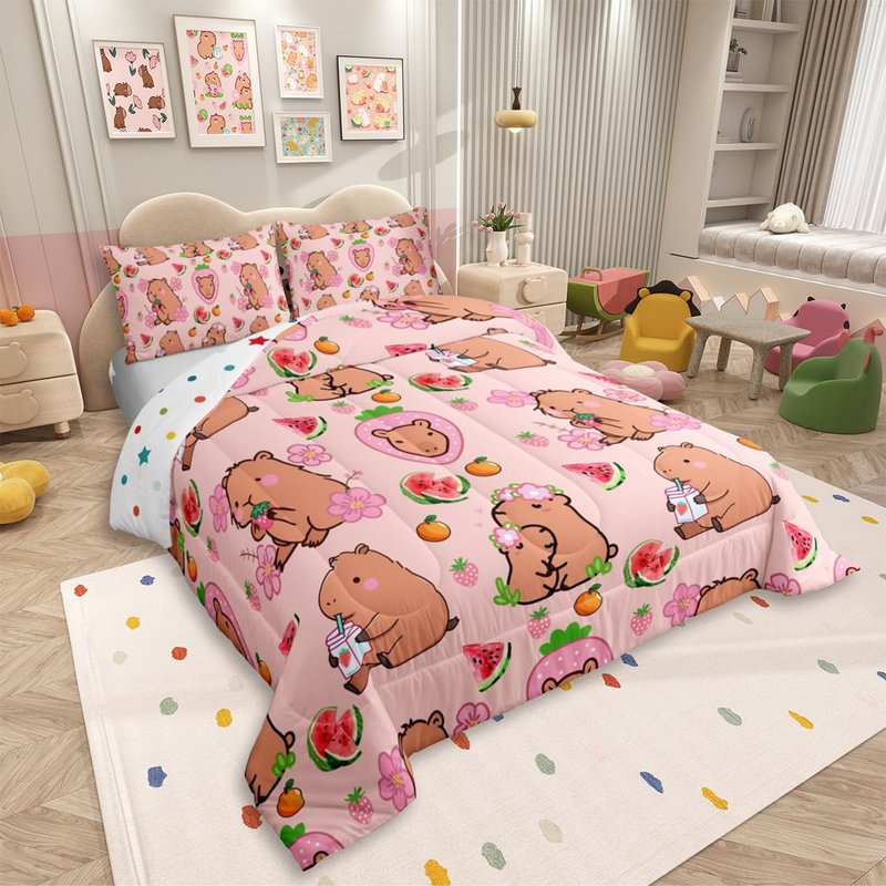 Capybara Lover Bedding Set, Capybaras Decor Comforter Set Twin For Kids Girls Bedroom, Cartoon Rodent Animals Quilted Duvet Capybara Decorations Watermelon Strawberry Duvet Insert Kawaii Decor, Pink