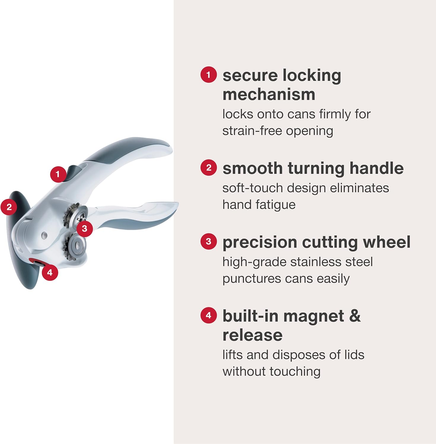 Zyliss Lock N' Lift Can Opener - Easy Manual Opener with Lid Lifter Magnet - White/Gray