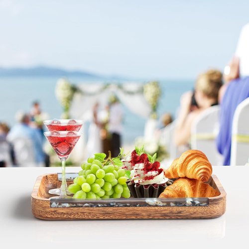 HOWFAQUI Handmade Acacia Wood Charcuterie Board with Resin & Seashell Design – 13x7” Cheese Board & Serving Tray for Appetizers, Snacks, Kitchen & Table Decor