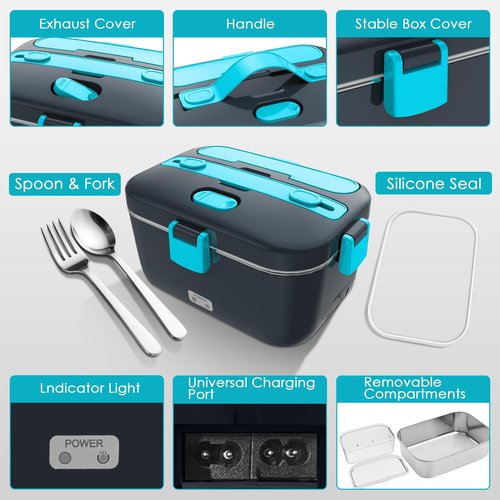 COZYEXPERT Electric-Lunch-Box-Heated-Food-Warmer 100W Heating Lunchbox for Adults 1.8L Portable Food Heater for Work/Car, 12V/24V/110-230V Lonchera Eléctrica Portátil with Fork Spoon (Gray+Blue)