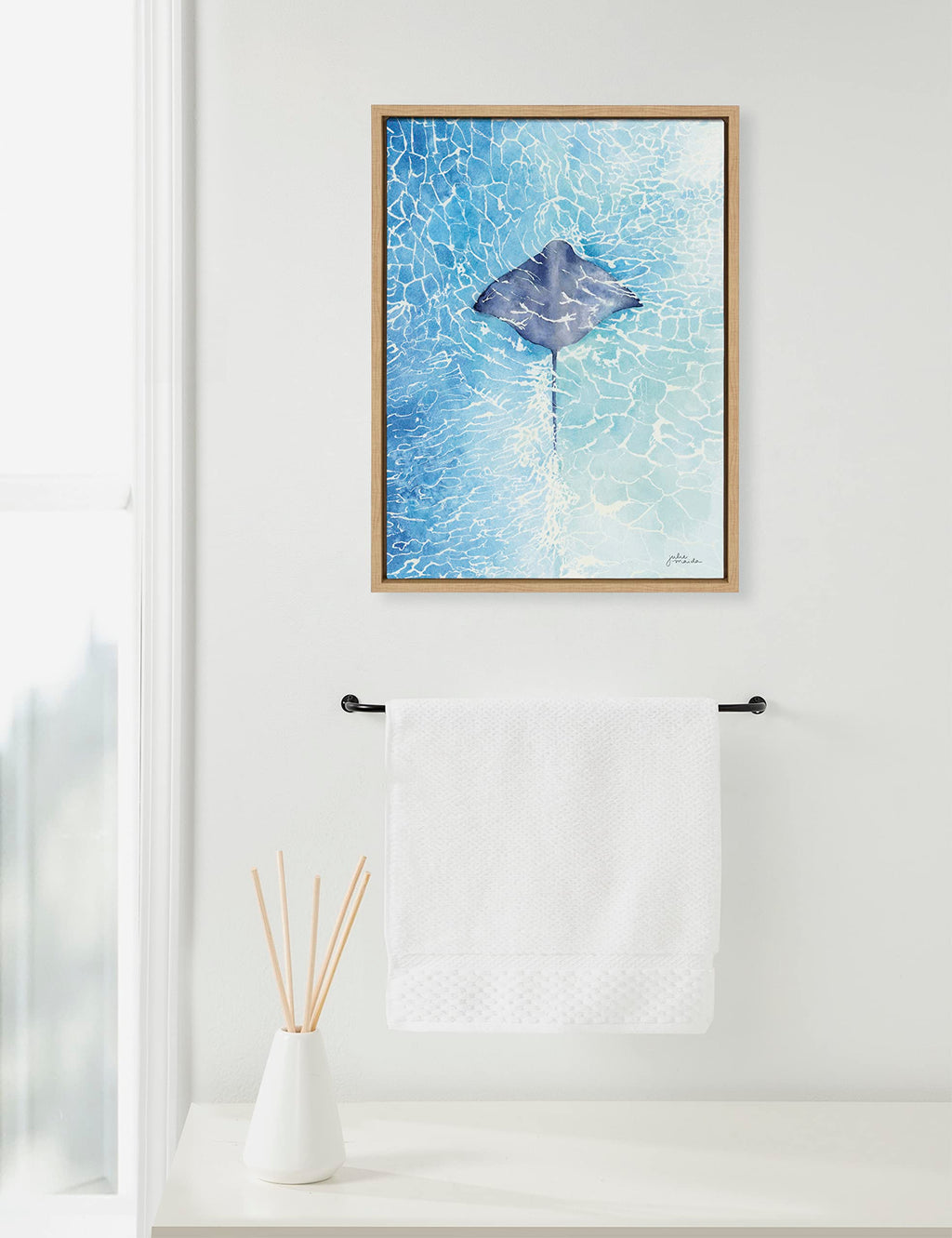 Kate and Laurel Sylvie Stingray Framed Canvas Wall Art by Julie Maida; 18x24 Natural; Scenic Ocean Water Wall Decor Art