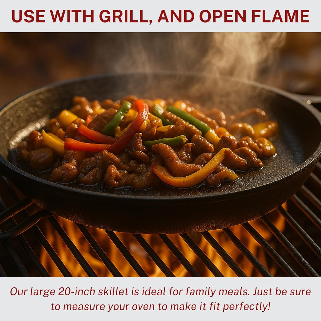 Skiennix 20-Inch Cast Iron Skillet - Pre-Seasoned Heavy Duty Pan with Dual Handles & Cleaner Scrubber | Perfect for Grill, Oven, Stove, Campfire Cooking