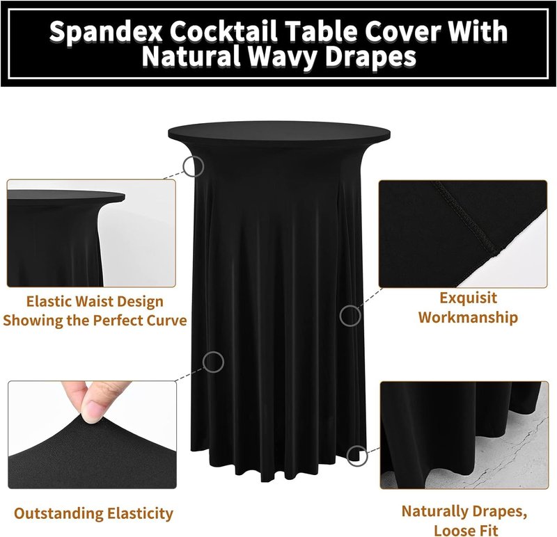 REWOMC 10 Packs Round Cocktail Table Skirt 24"x 43" Spandex Stretch Cocktail Tablecloth with Wavy Drapes, Black Spandex Fitted High Top Table Covers for Wedding Bar Party Birthday Banquet Tables