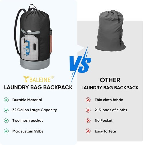 BALEINE 120L Laundry Bag Backpack - Durable 900D Oxford Fabric with Shoulder Straps & 2 Mesh Pockets | Black