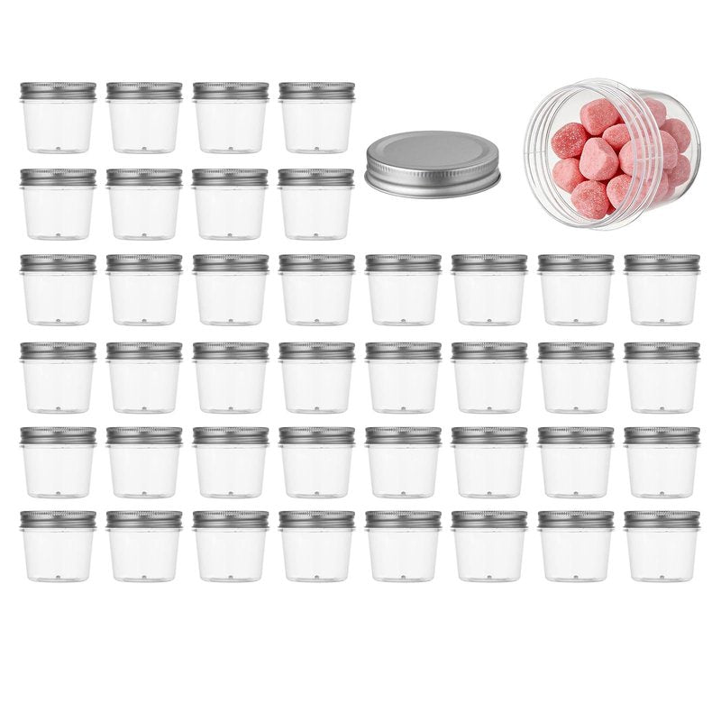 novelinks 4 oz Small Plastic Jars with Lids, 40 Pack Mini Plastic Mason Jars with Lids 4oz, Craft Storage Containers & Canning Jars & Small Spice Jars for Kitchen Organization (40 Pack,Silver)