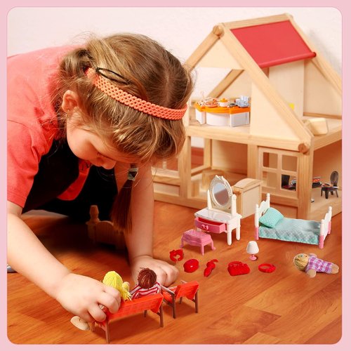 HyDren Wooden Dollhouse Furniture Set - 83 Pcs with 8 Flexible Dolls for 5 Rooms | Perfect Gift for Toddlers