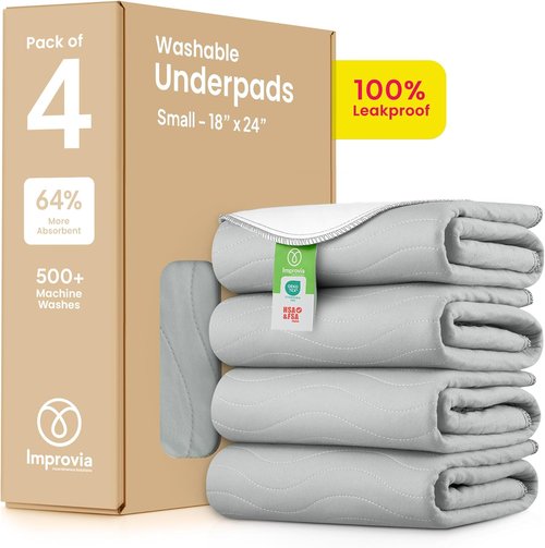 IMPROVIA® Washable Underpads - Heavy Absorbency Reusable Incontinence Pads for Kids, Adults, Pets | Waterproof Grey & White (4 Pack - 18x24)