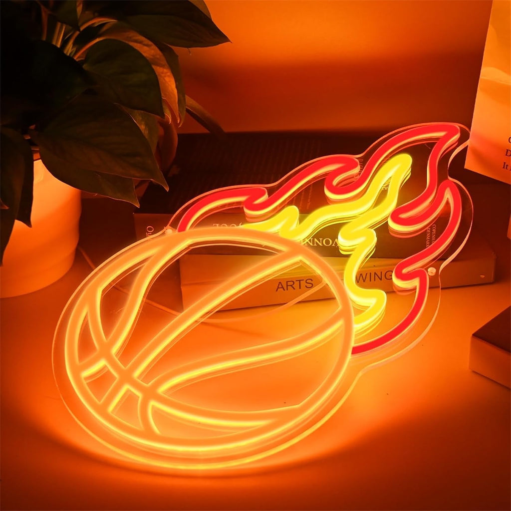 Skiennix Basketball Neon Sign - Dimmable LED Flame Light for Boys' Bedroom Decor | Orange & Red