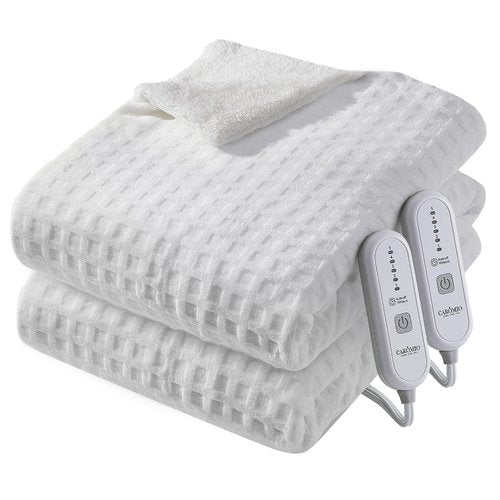 CAROMIO Electric Blanket Queen Size with Dual Control, Waffle Fast Heating Heated Blankets with ETL Certified, Soft Flannel & Sherpa Heat Throws, 5 Heating Levels & 10 Hours Auto Off, White, 84" x 90"
