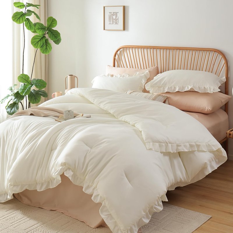 JANZAA Creamy White Comforter Set Queen – Soft Microfiber, Lightweight All Season Bedding, Ruffle Shabby Chic Aesthetic, Breathable Cozy Bed Set with 2 Pillow Shams, Machine Washable