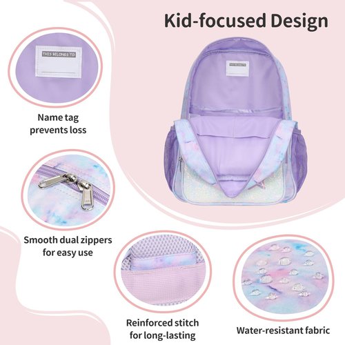 BrainyBees Kids Backpack for Girls Kindergarten - 15 Inch Lightweight School Bookbag fits Folder, Backpack for Kids 4-7 with Leakproof Insulated Pocket for Lunch and Snacks, Purple Tie-dye