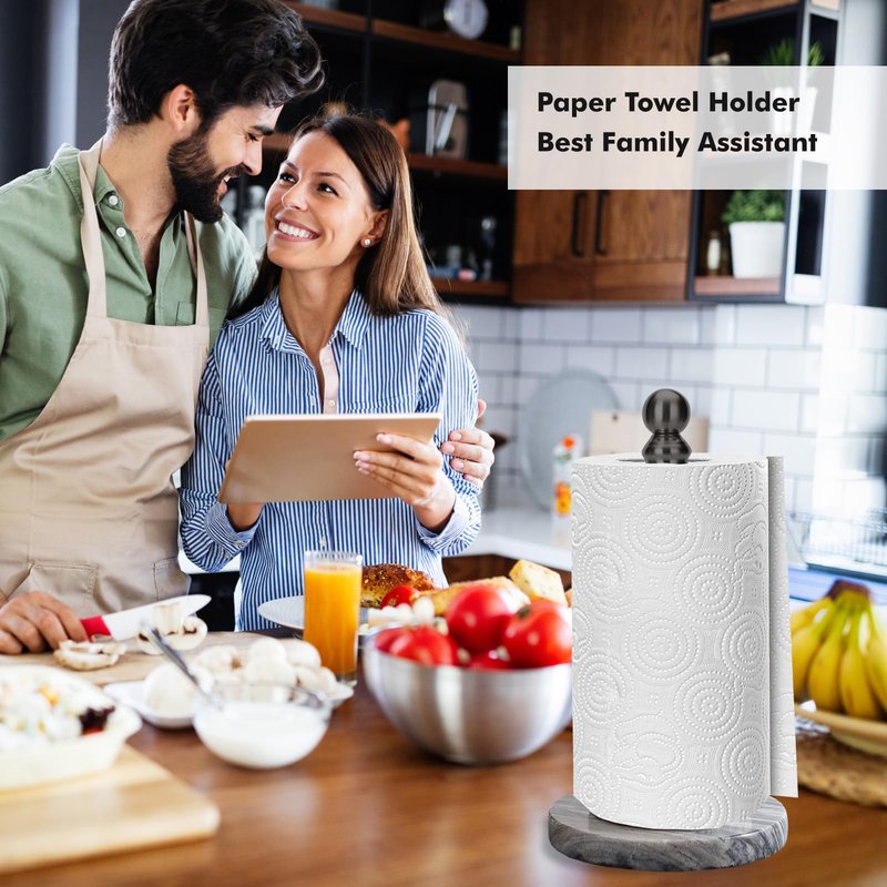 Black Paper Towel Holder Countertop with Heavy Marble Base, Standing Paper Towel Roll Holder for Kitchen Bathroom, with Weighted Base for One-Handed Operation