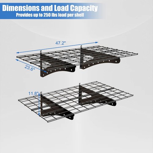 Garage Shelving | Wall Mounted Heavy Duty Set of 2 - 2 x 4 ft Floating Storage Racks, Max Load 250 lbs, Black