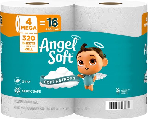 Angel Soft Toilet Paper - 4 Mega Rolls for Ultimate Softness & Strength | 16 Regular Rolls Equivalent