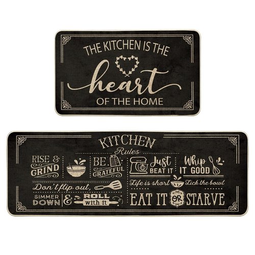 Artoid Mode Black Cooking Sets Kitchen Mats Set of 2, Seasonal The Kitchen is The Heart of The Home Holiday Party Low-Profile Floor Mat for Home Kitchen - 17x29 and 17x47 Inch