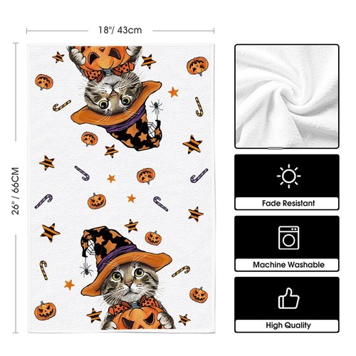Artoid Mode Pumpkin Cat Happy Halloween Kitchen Towels Dish Towels, 18x26 Inch Spider Web Jack-O'-Lantern Decoration Hand Towels Set of 2