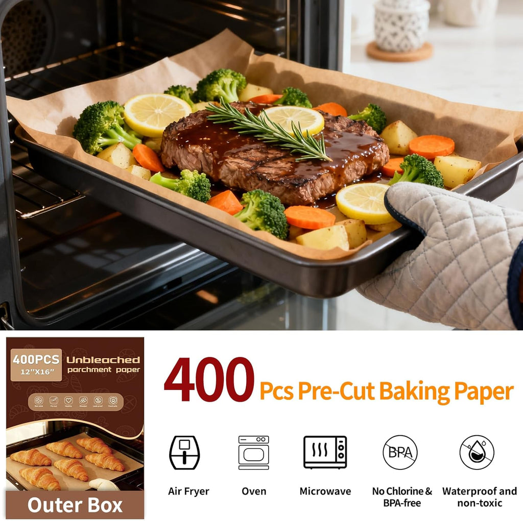 YUANYE Parchment Paper Baking Sheets - 400PCS Unbleached Precut Non-Stick 12"x16" for Oven & Air Fryer